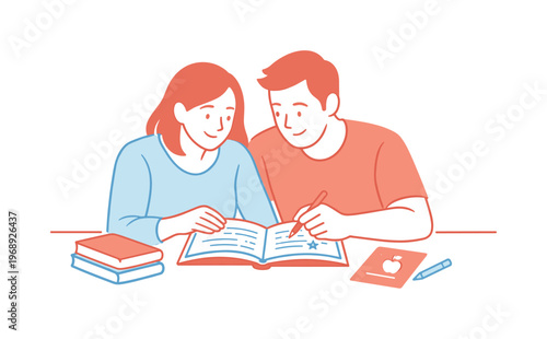 Parents sharing quiet moment reviewing school notes together, friendly proportions and relaxed interaction capturing