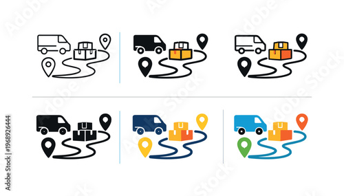 Delivery route icon showing a van, parcel boxes, and a path with location pins arranged to represent last mile delivery