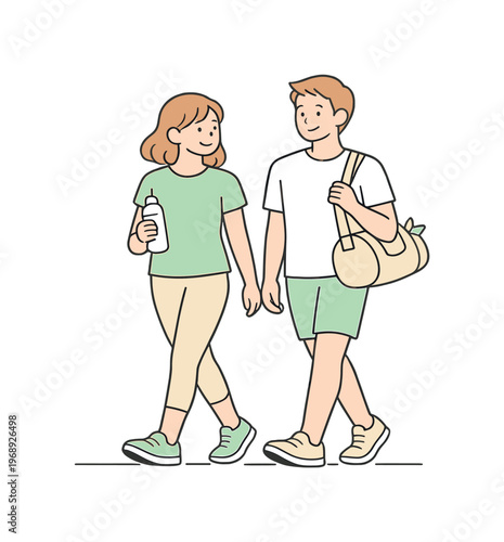Couple choosing healthy lifestyle walking side by side outdoors with relaxed smiles and steady posture, minimalist flat vector