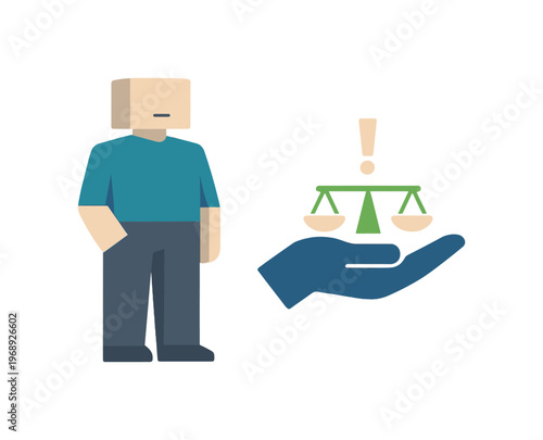 Individual standing beside a reduced responsibility symbol composed of few essential forms, expressing conscious accountability.