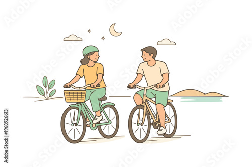Couple riding bicycles together in a quiet evening scene, slowing down and enjoying shared movement, minimalist flat vector