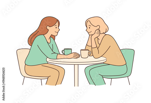 Women supporting each other during a calm conversation at a small table, leaning slightly toward one another with relaxed posture