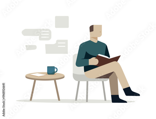 Individual allowing less relevant task elements to fade naturally, simplifying focus without rush. Stylized editorial character