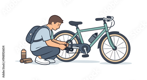 Man preparing bicycle for ride by unlocking lock, minimalist flat vector illustration in clean line style, rounded forms and soft