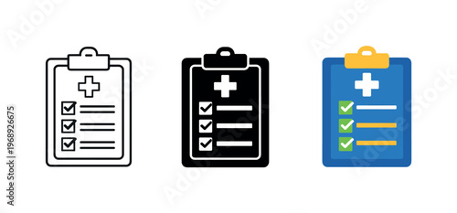 Patient assessment action shown through a clipboard displaying a simple medical checklist with check mark merged into one symbol,