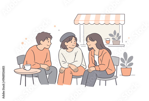 Friends meeting outside cafe in a relaxed afternoon moment, leaning slightly toward each other and smiling softly, minimalist