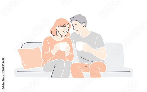 Cozy Coffee Break. Couple enjoying coffee together on a sofa during a relaxed break, sitting close and leaning gently toward each