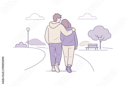 Couple walking park path in a peaceful evening moment, steps in sync and quiet connection felt, minimalist flat vector