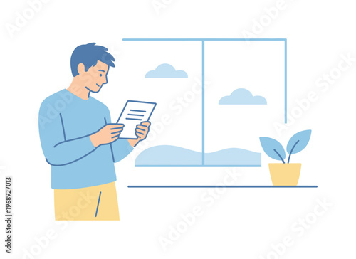 Man browsing short article near window in serene moment, relaxed body language and subtle concentration suggesting mindful