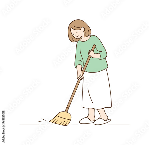 Woman cleaning cozy home during a quiet morning routine, gently sweeping the floor in a tidy living space, minimalist flat vector