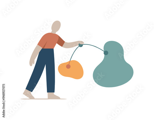 Human gently drawing a simple connection between two abstract forms, initiating structure within internal processes. Stylized