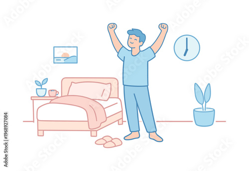 Man stretching during calm morning routine at home, standing with arms raised beside bed in relaxed posture, minimalist flat