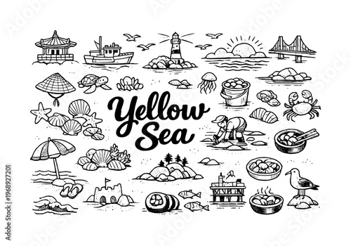 Collection of hand-drawn illustrations depicting life and nature around the Yellow Sea