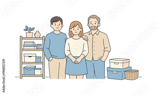 Cozy minimalist gathering of three friends in a modern, organized home setting