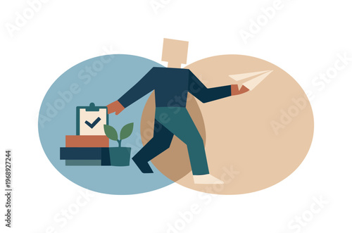 Person launching paper airplane near checklist and plant, symbolizing new beginnings