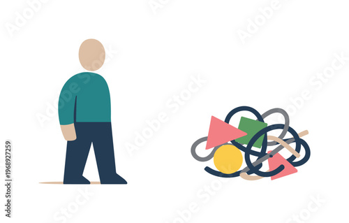 Person facing a smaller but still tangled grouping of shapes, recognizing remaining complexity. Stylized editorial character