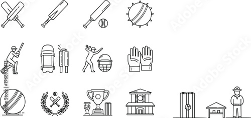 Cricket sport line icons set featuring bats balls players equipment stadium wicket trophy symbols outline vector illustration