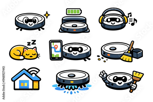 Cartoon robot vacuum set: charging, cleaning, mapping, cat resting.