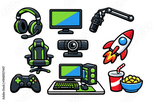 Gamer setup with headset, monitor, microphone, console, rocket, snacks, and chair icons.
