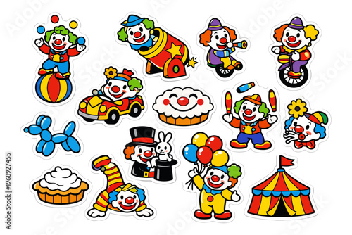 Colorful cartoon clown stickers with circus elements and balloon animals.