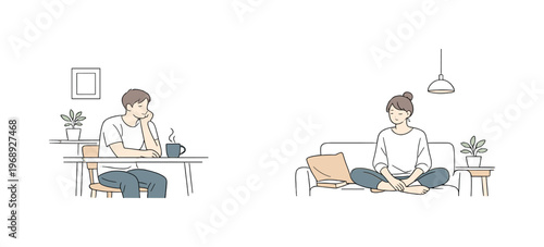 Couple pausing in silence during calm routine, balanced composition with open space and unhurried posture highlighting stillness,