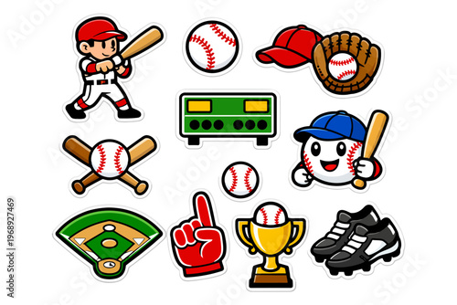 Cartoon baseball icons featuring players, equipment, and field elements.