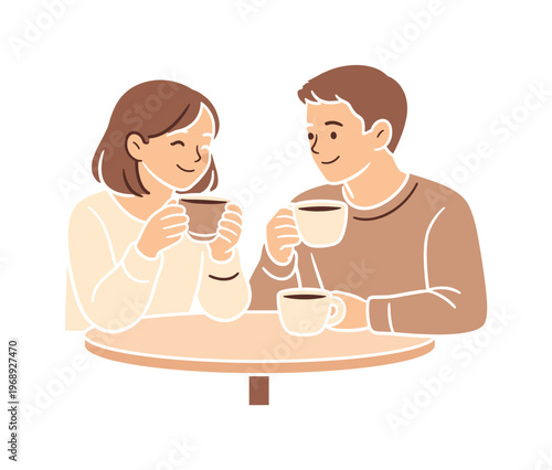 Couple sharing happy moment during a calm coffee break, sitting at a small table and holding cups with soft smiles, minimalist