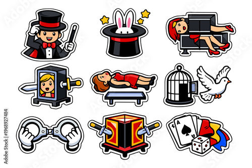 Magic trick icons set: magician, rabbit, illusionist, dove, cards, box, handcuffs.