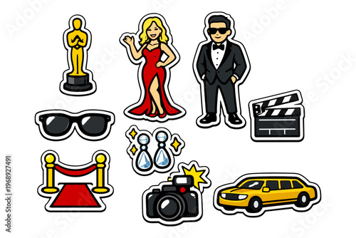 Cartoon hollywood icons with female celebrity, male star, and movie elements.