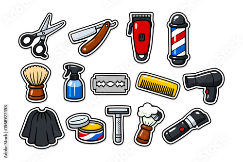 Barber tools collection: scissors, razor, clipper, barber pole, brush, comb, hairdryer.