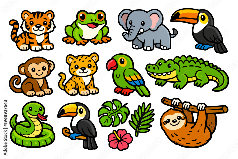 Fototapeta premium Cartoon jungle animals collection with tiger, elephant, parrot, and more.