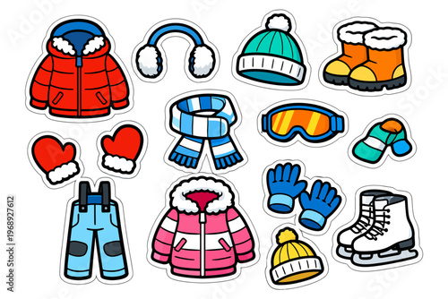Cartoon winter clothing collection with jackets, hats, gloves, and boots for cold weather.