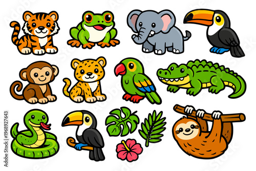Cartoon jungle animals collection with tiger, elephant, parrot, and more.