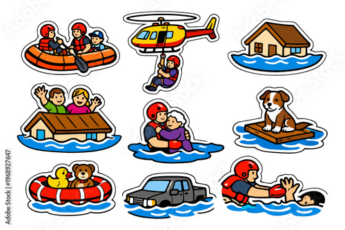 Rescue operations and flood safety for families and pets.