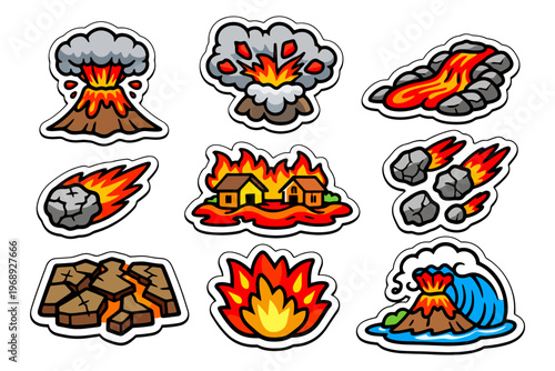 Colorful natural disaster stickers featuring volcanoes, lava, and meteorites.