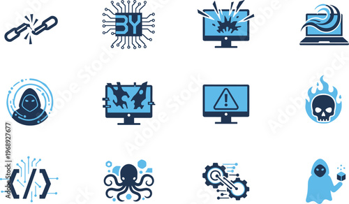 Cybersecurity icons, hacking symbols, digital threat graphics, malware visuals, system breach, warning alerts, coding, botnet, ransomware, virus