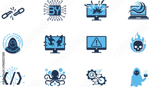 Cybersecurity icons, hacking symbols, digital threat graphics, malware visuals, system breach, warning alerts, botnet, ransomware, coding, virus