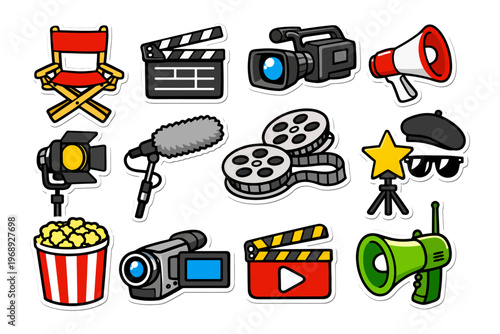 Film industry icons: camera, clapperboard, director's chair, popcorn, megaphone.