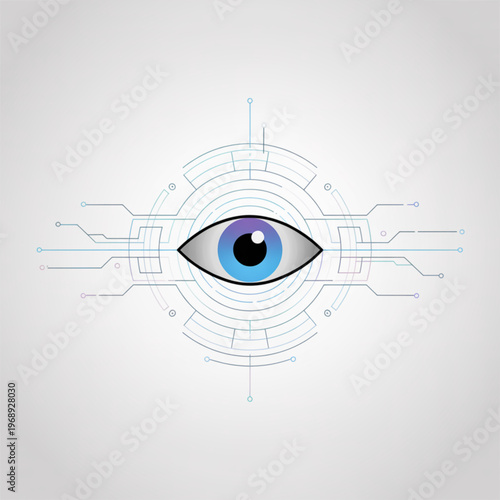 Abstract digital eye icon with technological circuit board lines and futuristic hud elements for cyber security concept