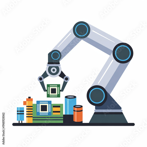 Industrial robotic arm picking up a microchip for electronic component assembly