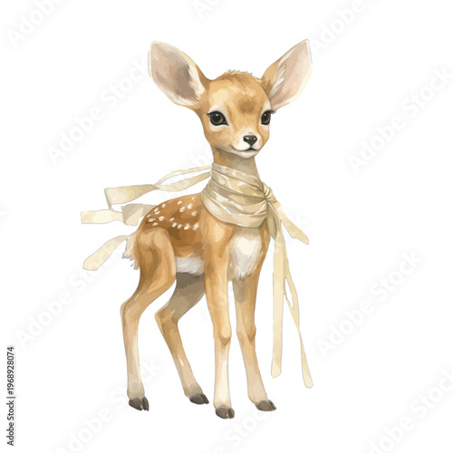 Watercolor baby deer fawn with cream silk ribbons and scarf
