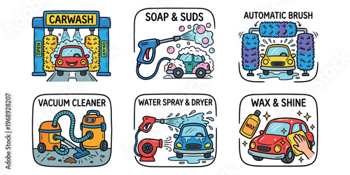 Car wash service icons in colorful doodle illustration style