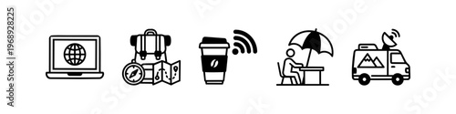 Digital nomad and remote work icons with laptop globe, travel backpack, coffee wifi and camper van