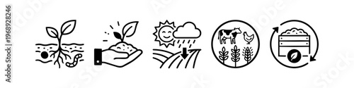 Sustainable agriculture and organic farming icons with seedling, hand holding soil, livestock and compost