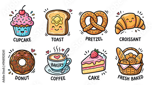 Cute bakery food icons in colorful doodle cartoon style