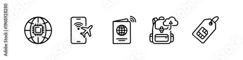 Global connectivity and travel technology icons with roaming smartphone, passport wifi and sim card