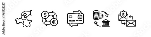 Global finance and money transfer icons featuring currency exchange, credit card globe and bank deposit