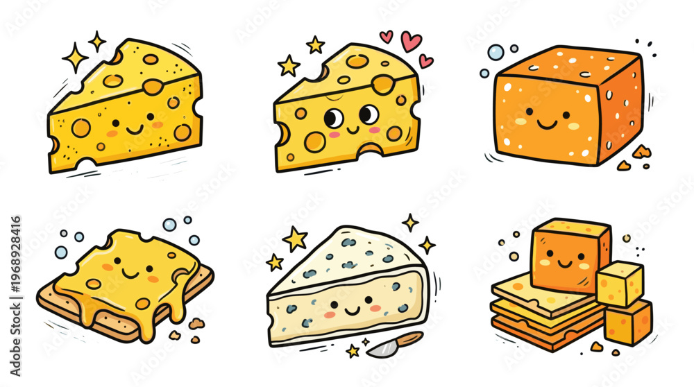 Fototapeta premium Cute cheese collection in colorful doodle cartoon style