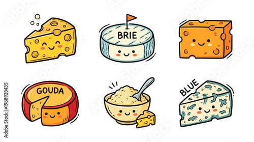 Cute cheese collection in colorful doodle cartoon style