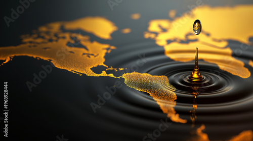 Golden oil drop falling onto a textured world map, generating splashes and ripples in a dark liquid, representing global energy resources and economic influence